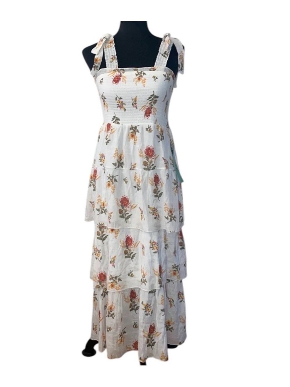 Floral White Tiered Maxi Dress with Tie Shoulder Straps